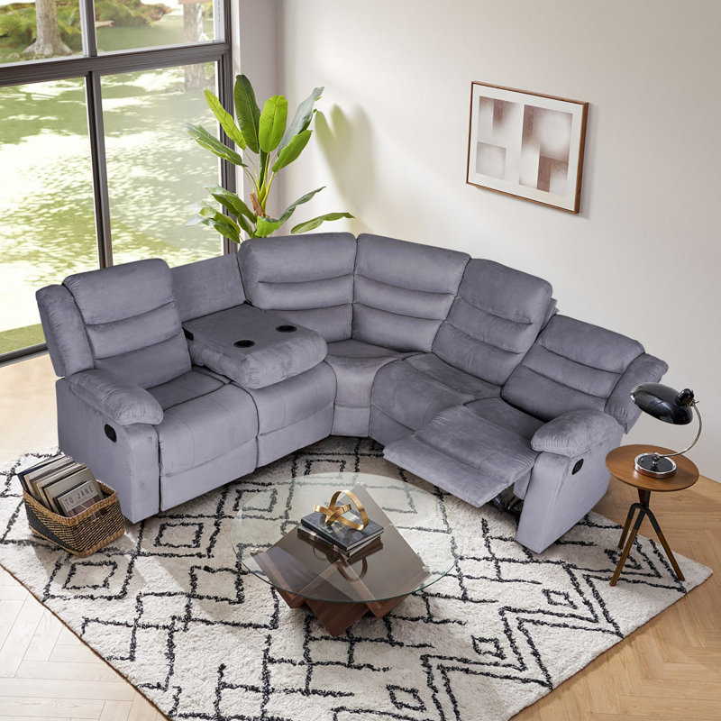 Reclining Sectional Sofa Microfiber Manual 5 Seats Recliner Sectional Sofa with Cup Holders